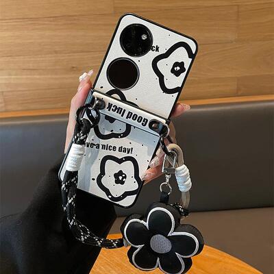 原装正品日本潮牌黑色简约花朵适用华为Pocket2手机壳新款手提绳P50宝盒PocketS折叠屏中轴铰链全包防摔皮质