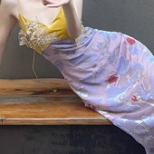 芷汀「茄舟」黄紫烧花蕾丝绣片丝绒吊带裙