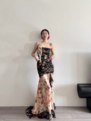 芷汀「花语」法式 显瘦长裙子 复古印花吊带连衣裙女气质修身