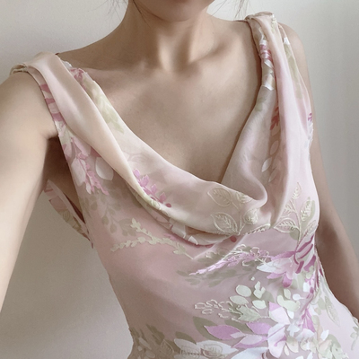 芷汀「夕颜」真丝提花荡领连衣裙修身显瘦鱼尾长裙