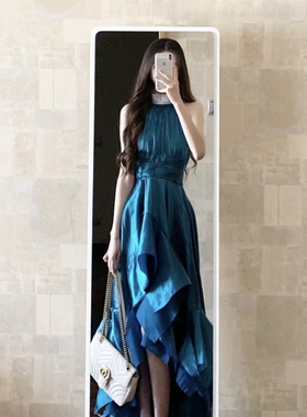 芷汀「蓝灵」挂脖连衣裙高级感不规则荷叶边蓝色礼服长裙生日裙子