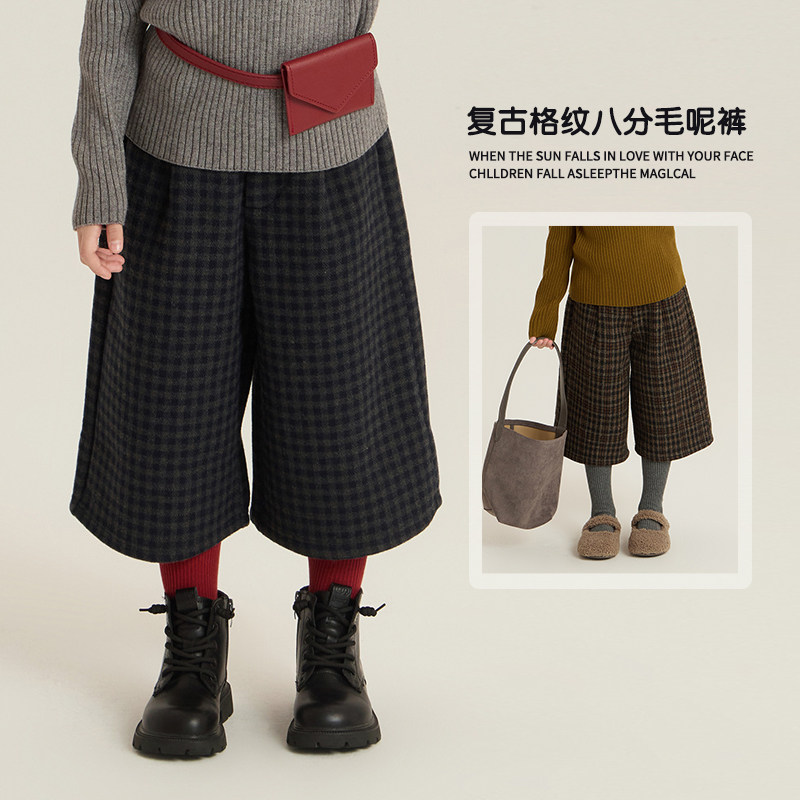 复古格纹八分毛呢裤+冬季