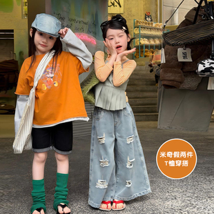 女童米奇假两件T恤穿搭春夏款2026新款儿童女宝宝卡通风可爱长袖