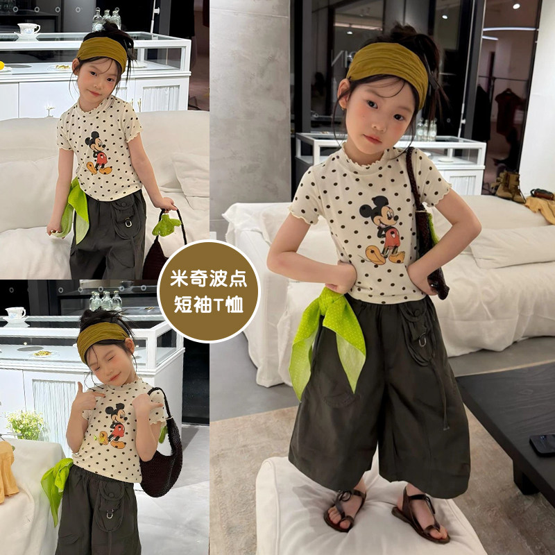 女童超好看韩系穿搭夏季薄款2026新款儿童米奇波点短袖t恤七分裤