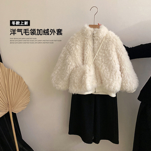 女童加绒毛毛包包外套冬装2025新款儿童女宝宝好看保暖米白色外套