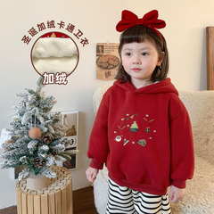 女童红色圣诞加绒卫衣带帽子秋冬款2023新款一体绒儿童宝宝新年装