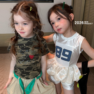 女童超好看迷彩服短袖t恤夏季薄款纯棉2026新款儿童女宝无袖套装