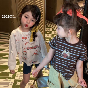 女童巨好看正肩条纹短袖t恤纯棉夏季2026新款儿童女宝宝上衣女款