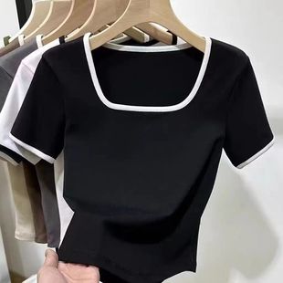 大码女装韩版U领正肩条纹短袖t恤女夏季胖MM百搭遮肚子常规款上衣