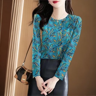 德绒保暖上衣时尚印花长袖T恤女圆领百搭遮肉上衣蓝色气质小衫