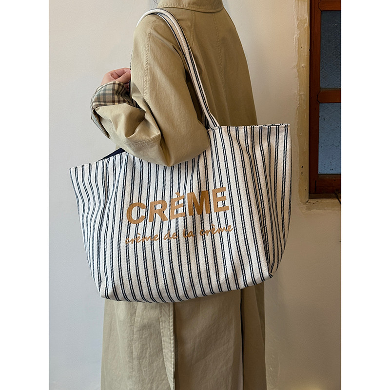 ins风条纹字母帆布托特包女大容量双面背单肩包简约百搭手提包