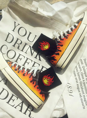 ulzzang原宿低帮鞋chic风1970s学生火焰手绘板鞋1970s帆布鞋女