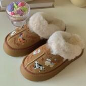 厚底加绒棉鞋 女外穿 毛毛包头拖鞋 皮毛一体半拖雪地靴2024冬季 新款