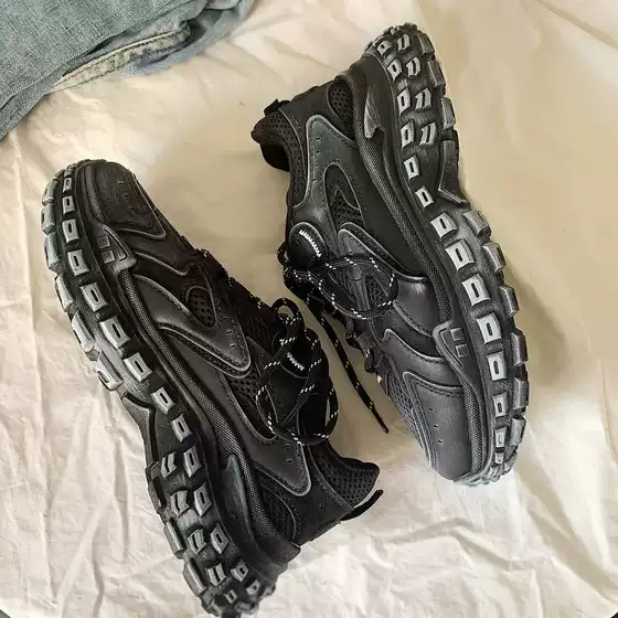 Women's High Street Paris Tire Sole Platform Tank All Black Dad Shoes Trendy Ins Distressed Chunky Sneakers