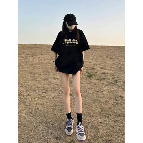 美式高街黑色仿棉短袖t恤女装夏