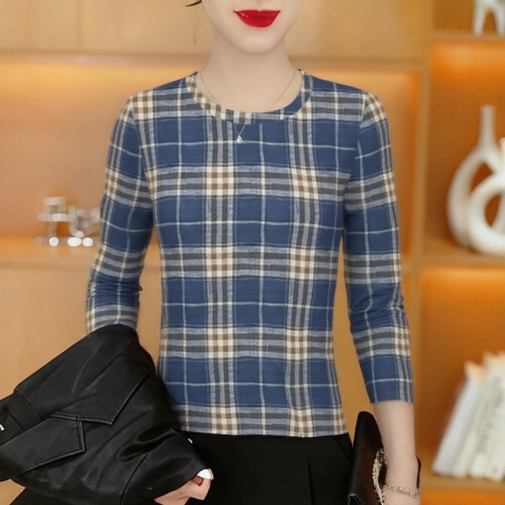 春季妈妈装格子长袖遮肚显瘦上衣