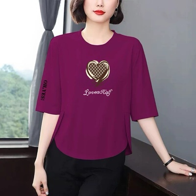 中老年妈妈装遮肚显瘦爱心T恤