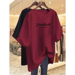 遮肚显瘦休闲字母印花洋气减龄上衣短袖 新款 半中长款 女装 t恤 大码