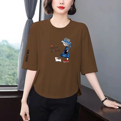 印花七分袖宽松显瘦中年T恤