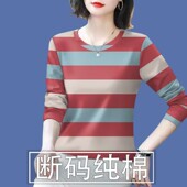 遮肚T恤女上衣 减龄长袖 清仓捡漏外贸折扣妈妈装 中老年条纹打底衫