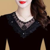 黑色修身 2025秋冬新款 百搭纯棉加绒加厚t恤上衣 女长袖 蕾丝打底衫