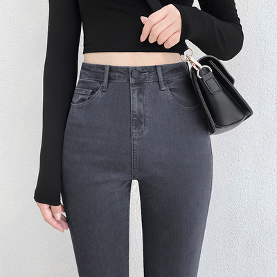 烟灰色高腰牛仔裤加绒加厚紧身