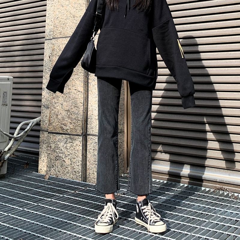 黑灰色牛仔裤女生新款秋冬时尚弹力高腰修身显瘦直筒裤宽松九分裤