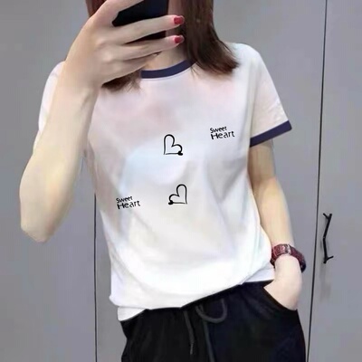 妈妈装撞色领短袖T恤爱心显瘦