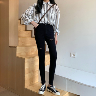 清仓捡漏实拍春秋高腰破洞显瘦显高修身 弹力铅笔打底裤