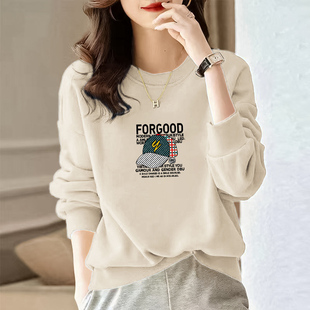 百搭显瘦长袖 中年新款 圆领卫衣女宽松印花时尚 大码 上衣外套 春秋季