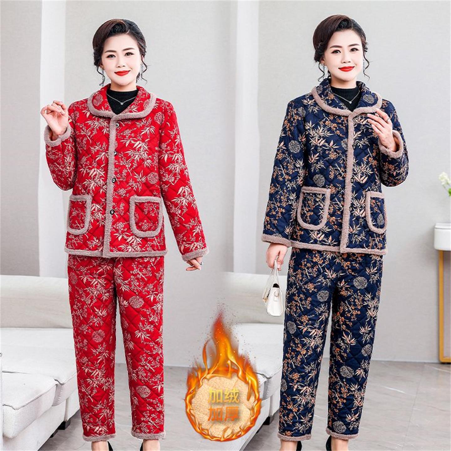 中年妈妈加绒加厚棉衣套装保暖棉袄冬新款中老年女居家棉服两件套