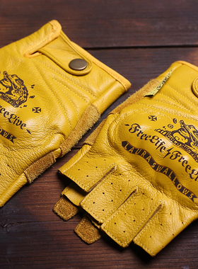 夏季牛皮手套机车骑车摩托车四季真皮男半指复古黄色金蟾图案