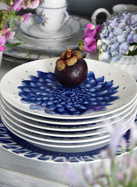 法国Bernardaud柏图蓝色花卉图案陶瓷盘子家用餐具套装创意装饰盘