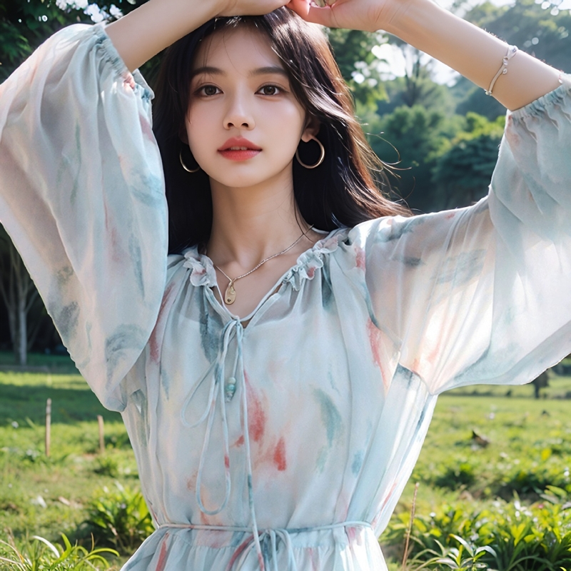 波斯米亚系带内衬印花连衣裙高腰显瘦长袖中长裙夏季