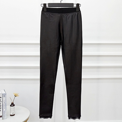 酷伽秋冬修身显瘦PU皮裤铅笔裤蕾丝脚边薄绒舒适小脚休闲裤8960