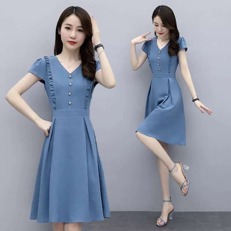 短袖花边纯色气质收腰