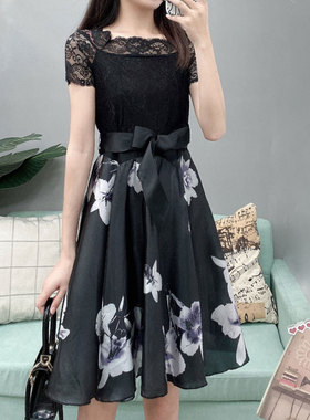 酷伽知性方领短袖连衣裙新款气质蕾丝拼接显瘦裙子8992 送腰带