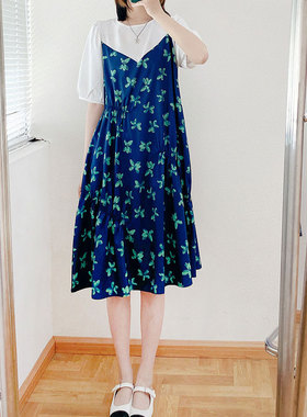 酷伽撞色拼接假两件连衣裙女2宽松显瘦减龄气质桔梗裙5658