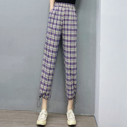 酷伽春夏网红格子裤女春秋小个子宽松直筒抽绳两穿高腰裤潮013
