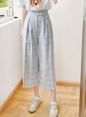 酷伽阔腿裤子女春夏新款高腰显瘦宽松直筒九分格子裤0434