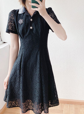 酷伽夏季小香风蕾丝裙子女纯色新款韩版气质优雅修身小黑裙90109
