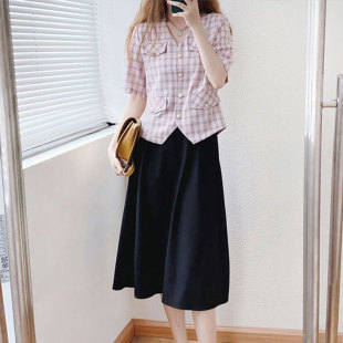 酷伽夏季新款韩版流行v领短袖薄款女生小香风格子短外套潮2210