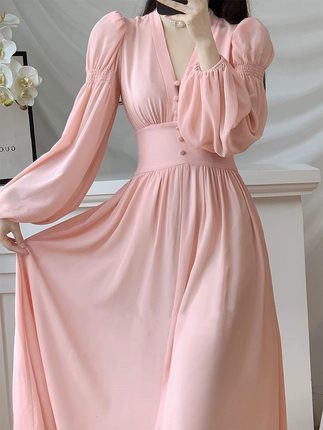 酷伽法式高级感小香风气质名媛显瘦超仙绝美粉色长袖连衣裙女夏季