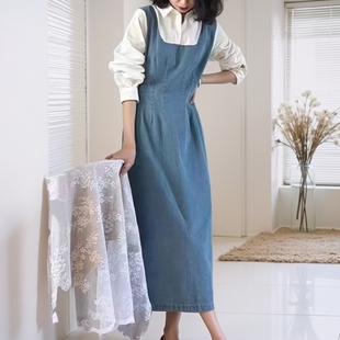 高级轻奢牛仔女装裙子收腰显瘦长袖拼接牛仔连衣裙