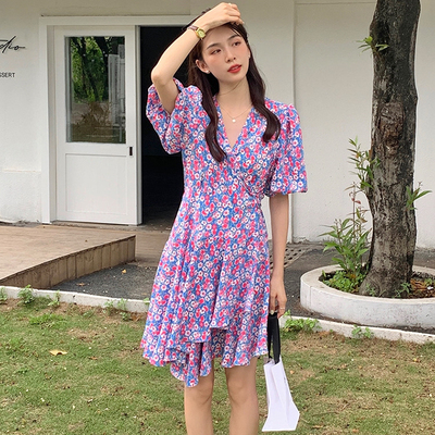 酷伽女装2024年新款夏季胖mm法式碎花连衣裙显瘦遮肚雪纺短袖裙子