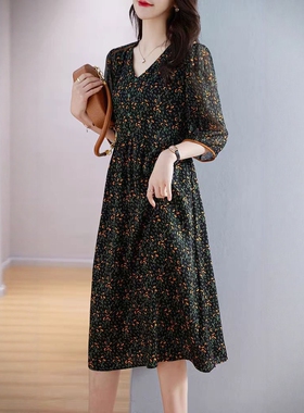 花色包边年轻妈妈经典 气质防真丝连衣裙2082LYQ
