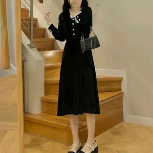 酷伽秋冬新款 丝绒连衣裙小个子收腰显瘦洋气裙子2321 赫本风长袖