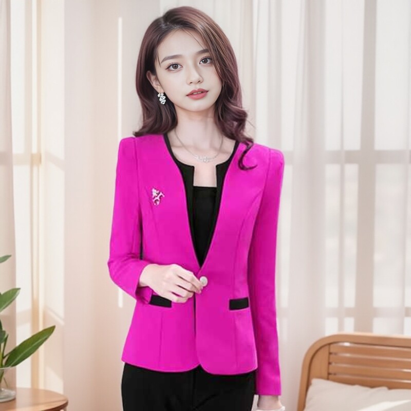 女式春秋开衫长袖玫红色西装职业西服月系列时尚酒店OL百搭无领