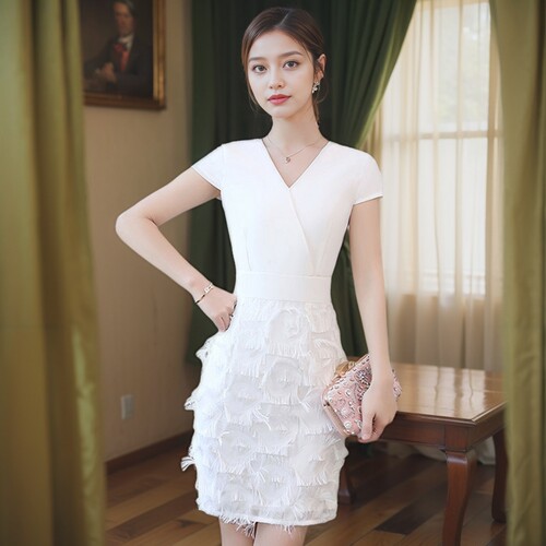 酷伽夏季韩版气质拼接包臀裙新款V领时尚修身连衣裙5885