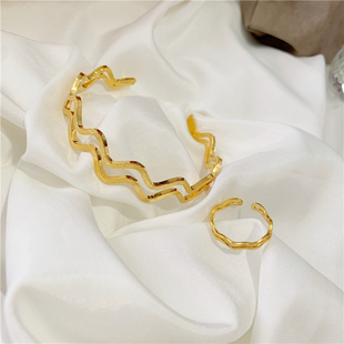 气质沙金手镯戒指女 仿24k黄金开口磨砂水波纹手环百搭食指戒指环